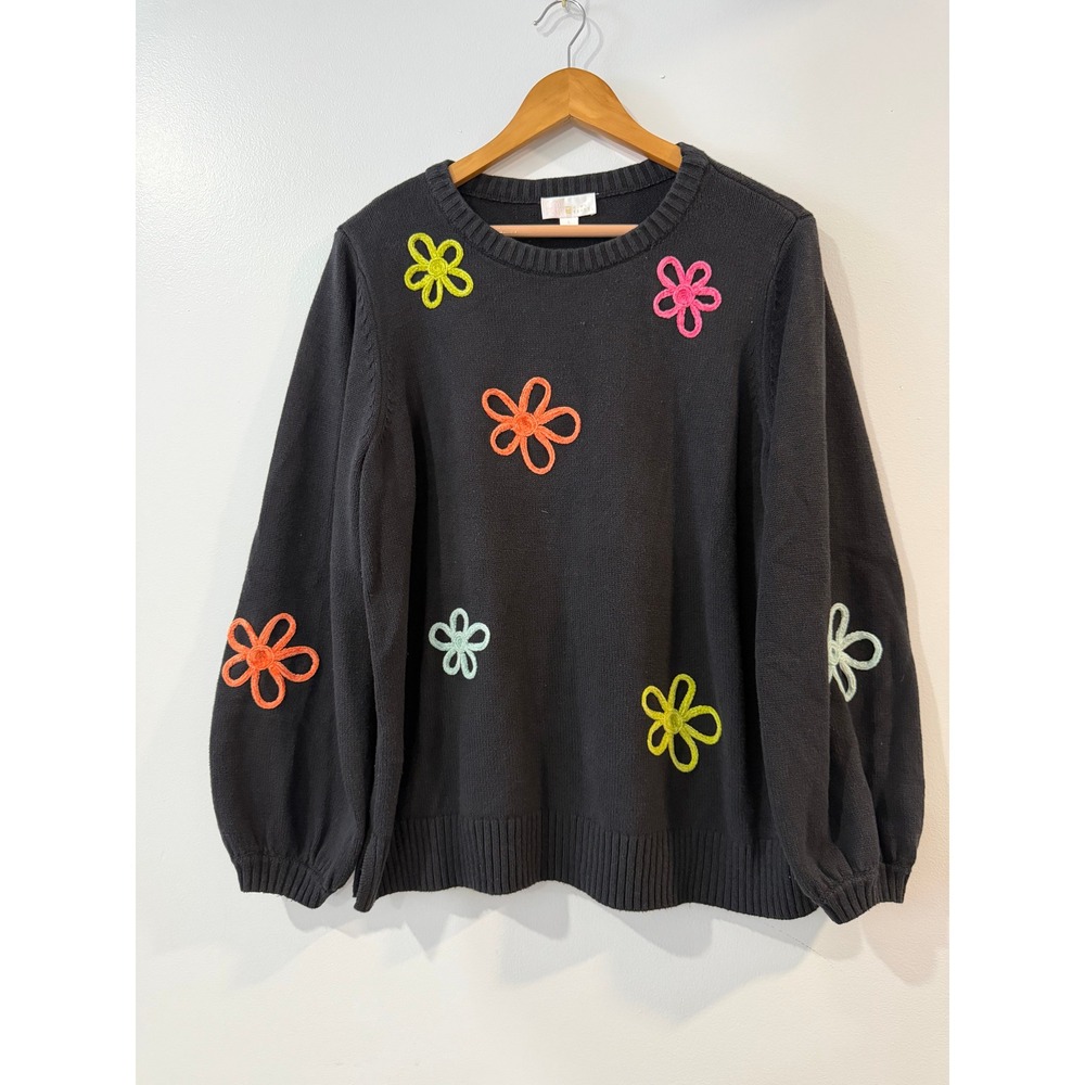 Belle by Kim Gravel Black Neon Floral Embroidered Balloon Sleeve Sweater Large